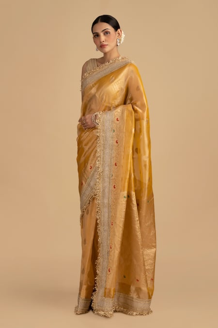 Buy_Zal From Benaras_Yellow Silk Embroidery Pure Crushed Saree With Unstitched Blouse Piece _Online_at_Aza_Fashions