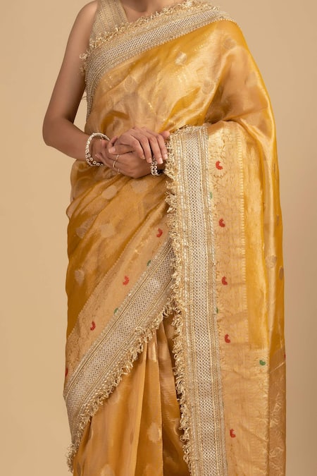 Shop_Zal From Benaras_Yellow Silk Embroidery Pure Crushed Saree With Unstitched Blouse Piece _Online_at_Aza_Fashions