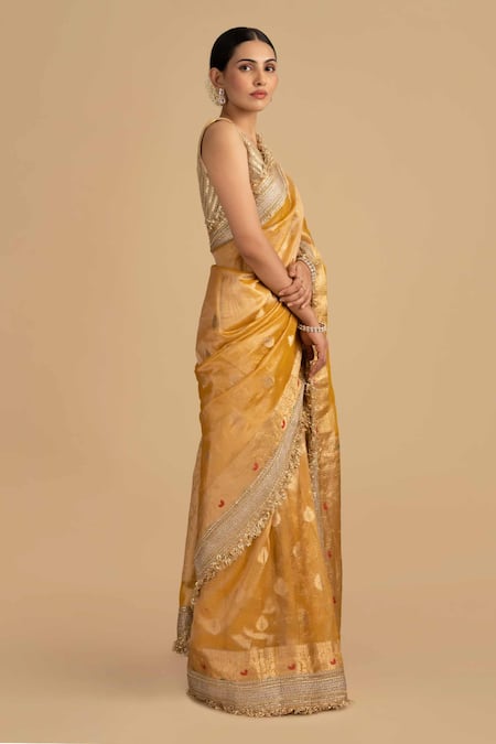Zal From Benaras_Yellow Silk Embroidery Pure Crushed Saree With Unstitched Blouse Piece _at_Aza_Fashions