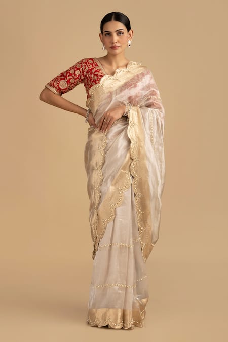 Zal From Benaras Silver Pure Tissue Silk Scallop Border Saree With Unstitched Blouse Piece 