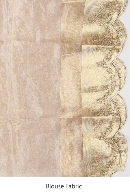 Zal From Benaras_Silver Tissue, Embroidered Scallop Border Saree With Unstitched Blouse Piece _Online_at_Aza_Fashions