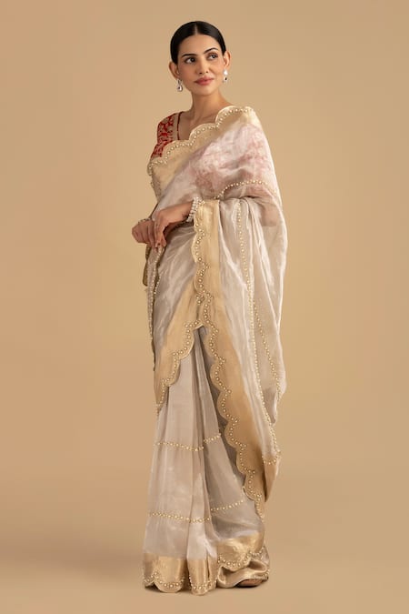 Buy_Zal From Benaras_Silver Tissue, Embroidered Scallop Border Saree With Unstitched Blouse Piece _Online_at_Aza_Fashions