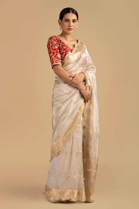 Shop_Zal From Benaras_Silver Tissue, Embroidered Scallop Border Saree With Unstitched Blouse Piece _Online_at_Aza_Fashions