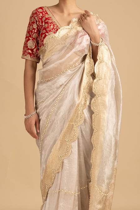 Zal From Benaras_Silver Tissue, Embroidered Scallop Border Saree With Unstitched Blouse Piece _at_Aza_Fashions