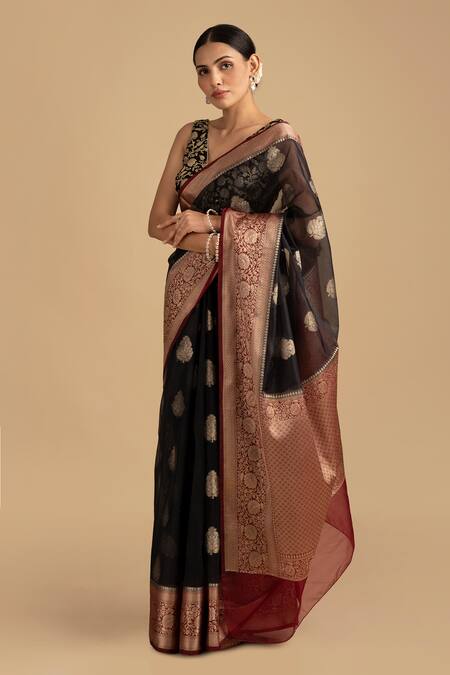 Buy Zal From Benaras Black Silk, Kota Doria Pure Tissue Banarasi Saree With Unstitched Blouse Piece Online at Aza Fashions Buy_Zal From Benaras_Black Silk, Kota Doria Pure Tissue Banarasi Saree With Unstitched Blouse Piece_Online_at_Aza_Fashions
