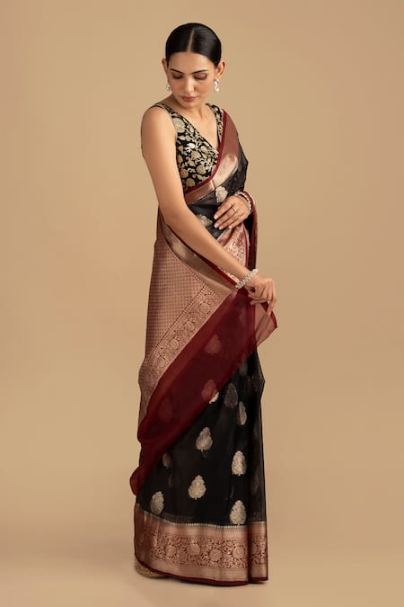Shop Zal From Benaras Black Silk, Kota Doria Pure Tissue Banarasi Saree With Unstitched Blouse Piece Online at Aza Fashions Shop_Zal From Benaras_Black Silk, Kota Doria Pure Tissue Banarasi Saree With Unstitched Blouse Piece_Online_at_Aza_Fashions