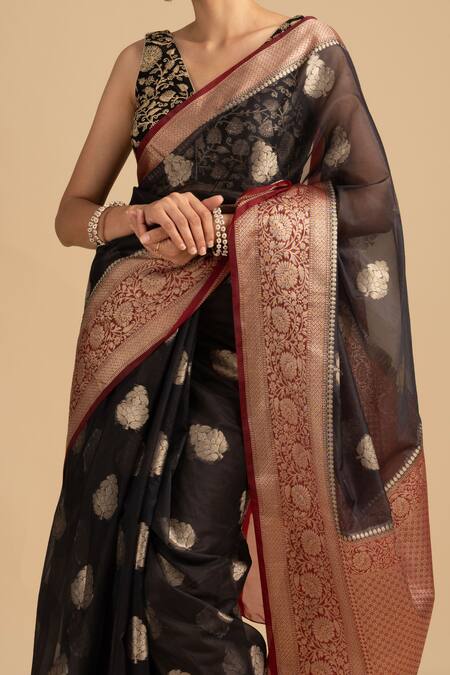 Zal From Benaras Black Silk, Kota Doria Pure Tissue Banarasi Saree With Unstitched Blouse Piece at Aza Fashions Zal From Benaras_Black Silk, Kota Doria Pure Tissue Banarasi Saree With Unstitched Blouse Piece_at_Aza_Fashions