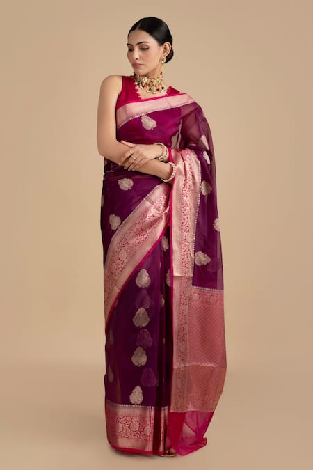 Zal From Benaras Pink Kora Organza Silk Saree With Unstitched Blouse Piece 