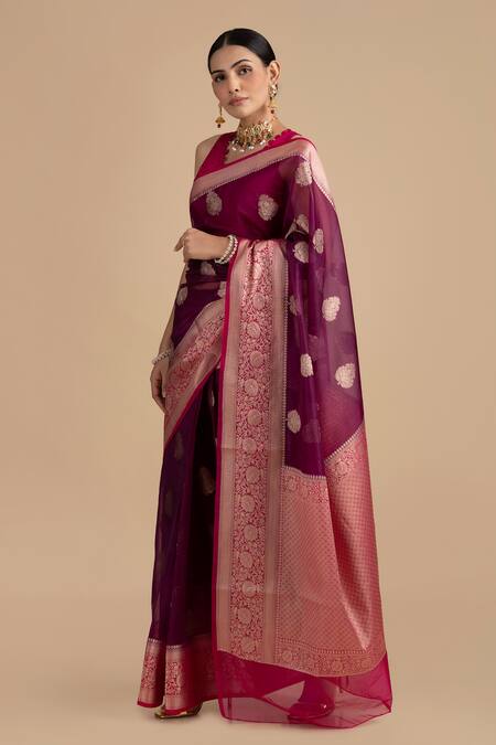 Buy_Zal From Benaras_Pink Kota Doria, Silk Kora Saree With Unstitched Blouse Piece_Online_at_Aza_Fashions