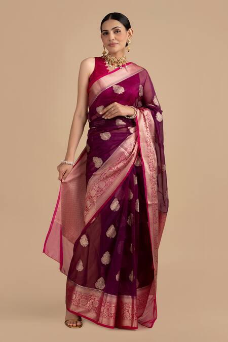 Shop_Zal From Benaras_Pink Kota Doria, Silk Kora Saree With Unstitched Blouse Piece_Online_at_Aza_Fashions