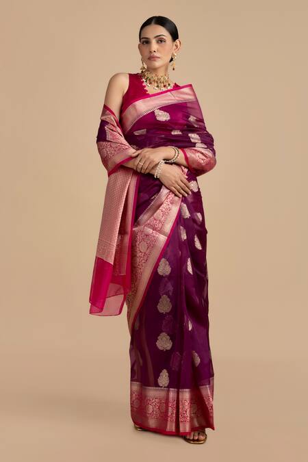 Zal From Benaras_Pink Kota Doria, Silk Kora Saree With Unstitched Blouse Piece_at_Aza_Fashions