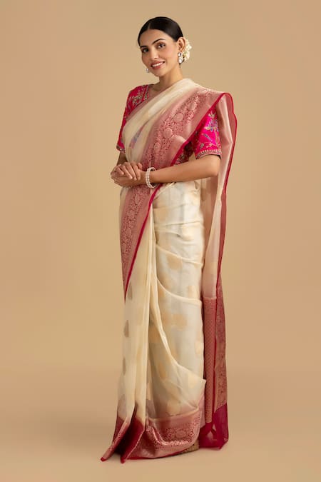 Zal From Benaras Organza Silk Woven Border Saree With Unstitched Blouse Piece 