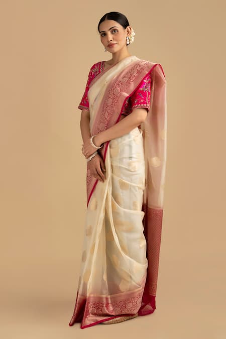 Buy_Zal From Benaras_White Kota Doria Organza Silk Woven Border Saree With Unstitched Blouse Piece _Online_at_Aza_Fashions