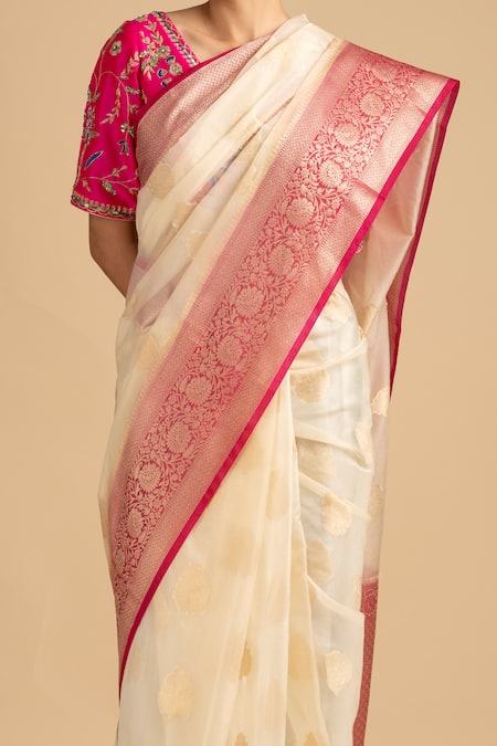 Shop_Zal From Benaras_White Kota Doria Organza Silk Woven Border Saree With Unstitched Blouse Piece _Online_at_Aza_Fashions