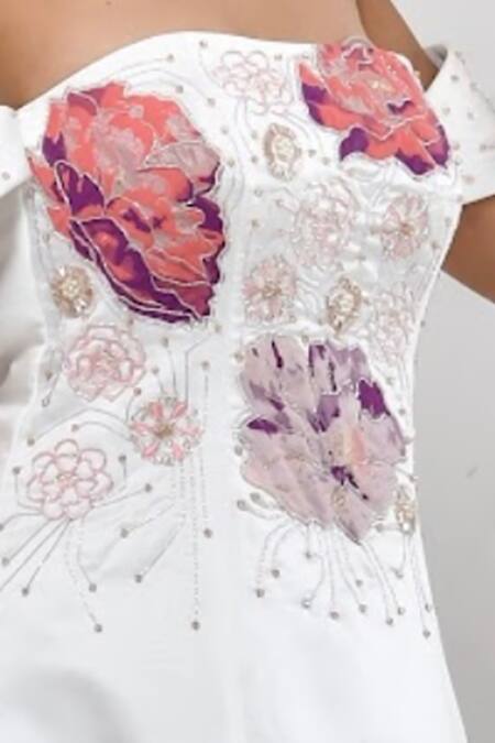 Itsish_White Satin Beads Off-shoulder Cleo Hand Embroidered Flared Gown _Online_at_Aza_Fashions