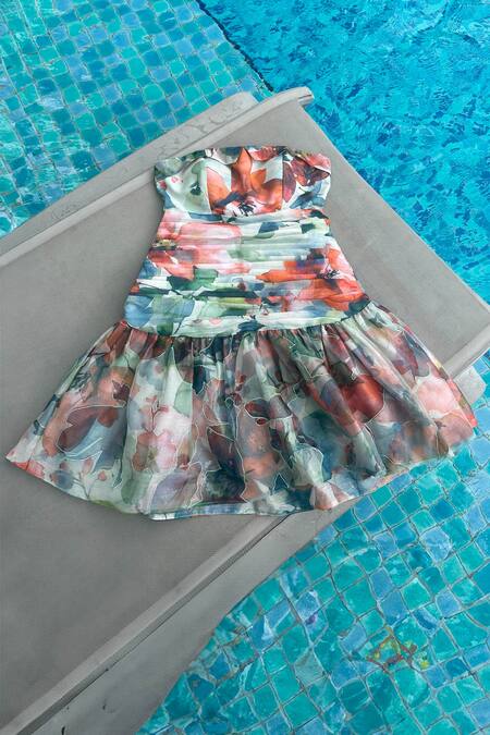 Buy Itsish Green Organza, Chanderi Silk Embroidery Daisy Floral Print Ruched Dress Online at Aza Fashions Buy_Itsish_Green Organza, Chanderi Silk Embroidery Daisy Floral Print Ruched Dress _Online_at_Aza_Fashions