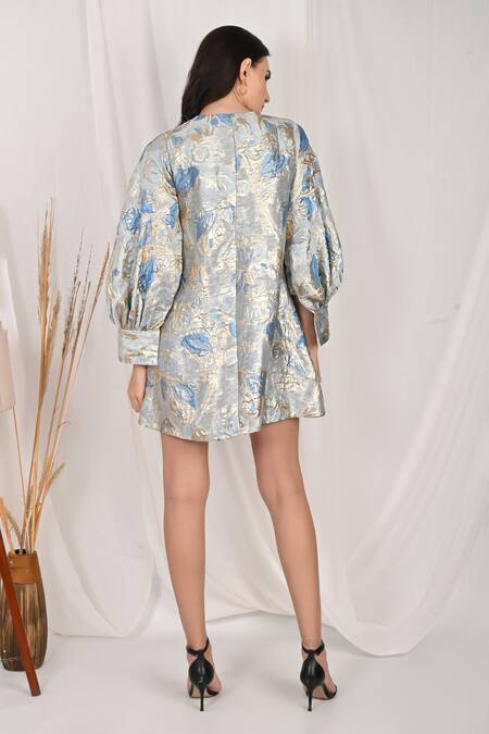 Shop_Itsish_Blue Jacquard Woven Floral Round Juana Dress _at_Aza_Fashions