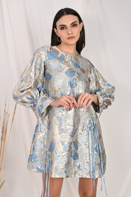 Shop_Itsish_Blue Jacquard Woven Floral Round Juana Dress _Online_at_Aza_Fashions