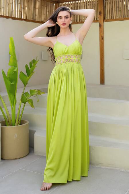Itsish_Green Silk, Satin Cut Work V-neck Misa Maxi Dress _Online_at_Aza_Fashions