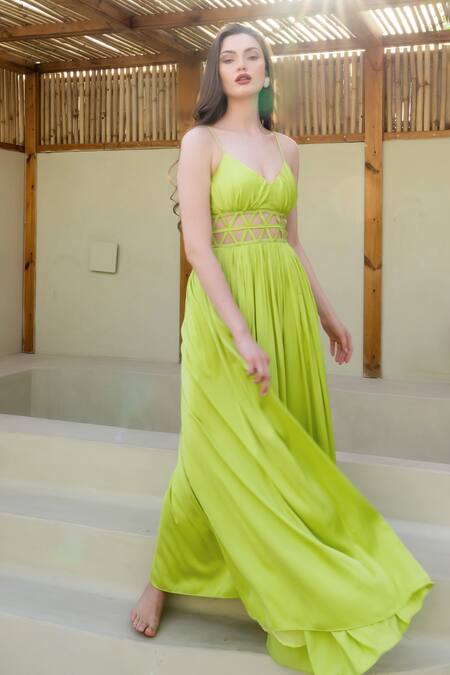 Itsish_Green Silk, Satin Cut Work V-neck Misa Maxi Dress _at_Aza_Fashions