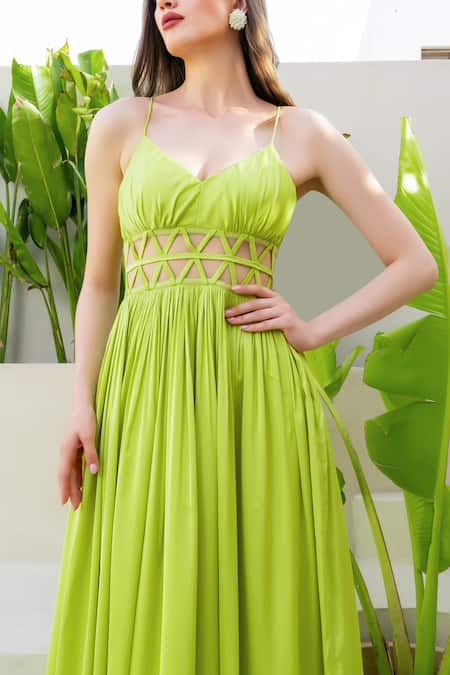 Buy_Itsish_Green Silk, Satin Cut Work V-neck Misa Maxi Dress 