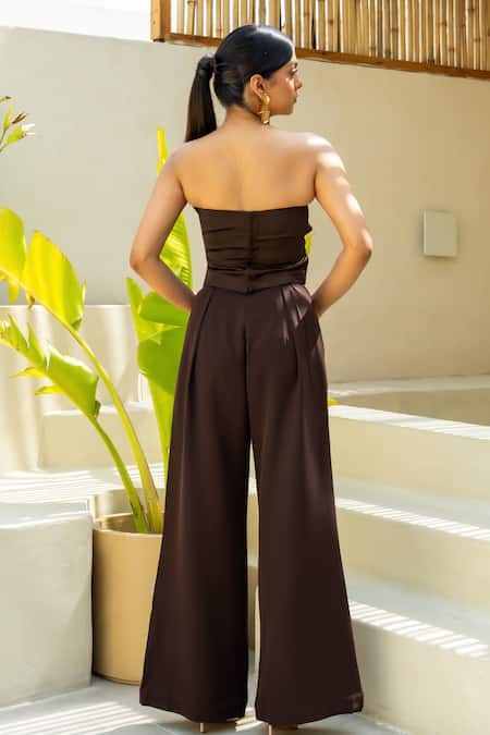 Shop_Itsish_Brown Satin, Cotton Beads Square Neck Mocha Corset Top With Pant _at_Aza_Fashions