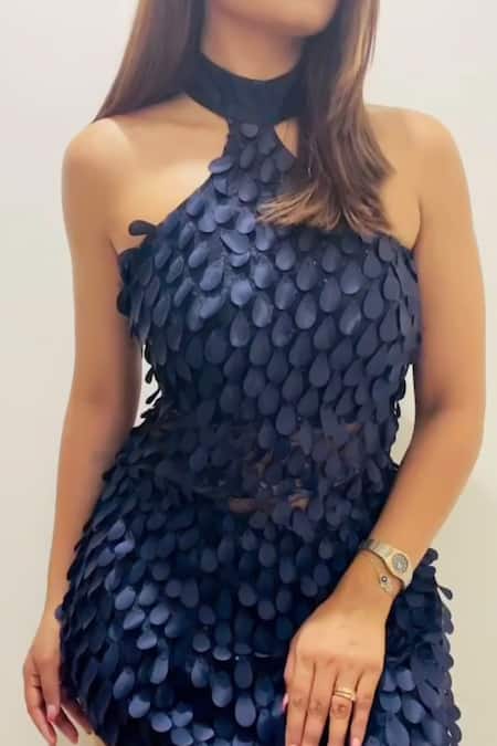 Itsish Blue Net, Lycra Cut Work Halter Neck Nova Asymmetric Dress Online at Aza Fashions Itsish_Blue Net, Lycra Cut Work Halter Neck Nova Asymmetric Dress _Online_at_Aza_Fashions