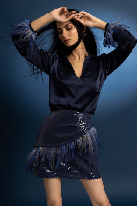 Itsish Blue Silk, Satin, Georgette Feathers, Sequins Stella Wrap Shirt With Skirt Online at Aza Fashions Itsish_Blue Silk, Satin, Georgette Feathers, Sequins Stella Wrap Shirt With Skirt _Online_at_Aza_Fashions