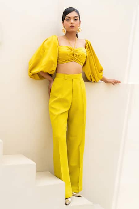 Itsish_Yellow Satin, Crepe Embroidery Sweetheart Neck Svana Top With Pant _Online_at_Aza_Fashions