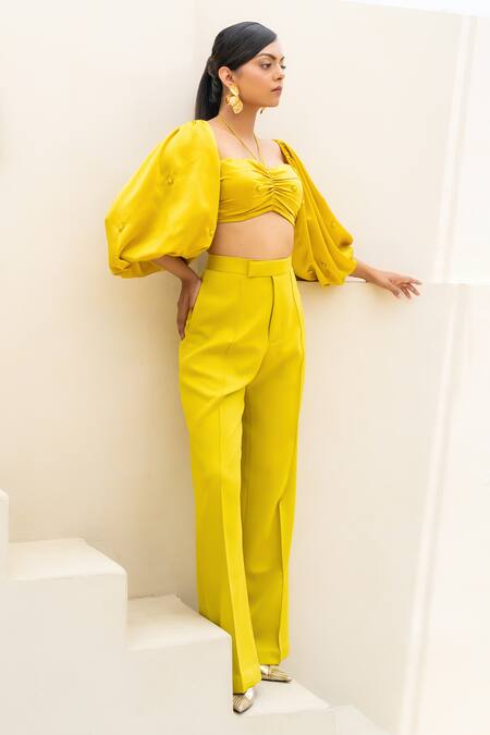 Buy_Itsish_Yellow Satin, Crepe Embroidery Sweetheart Neck Svana Top With Pant _Online_at_Aza_Fashions