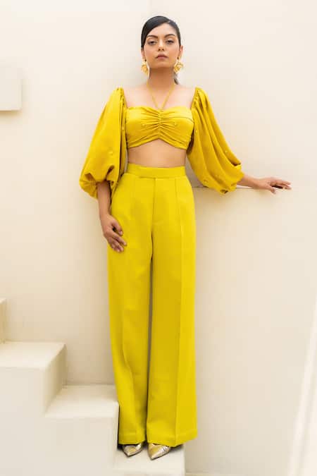 Shop_Itsish_Yellow Satin, Crepe Embroidery Sweetheart Neck Svana Top With Pant _Online_at_Aza_Fashions