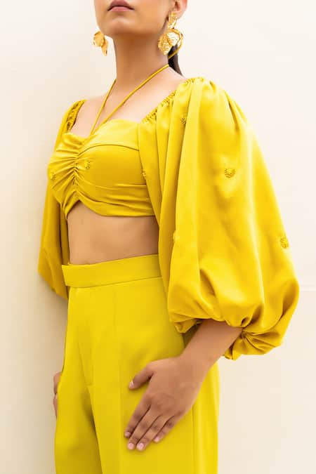 Itsish_Yellow Satin, Crepe Embroidery Sweetheart Neck Svana Top With Pant _at_Aza_Fashions