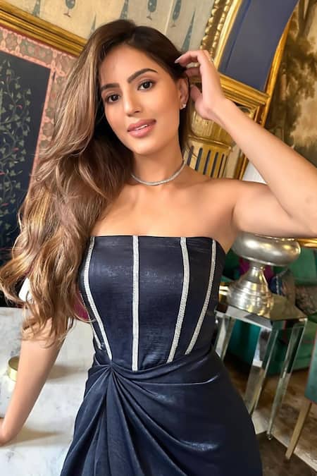 Buy_Itsish_Blue Satin Beads Bandeau Neck Valerie Draped Corset Dress _Online_at_Aza_Fashions