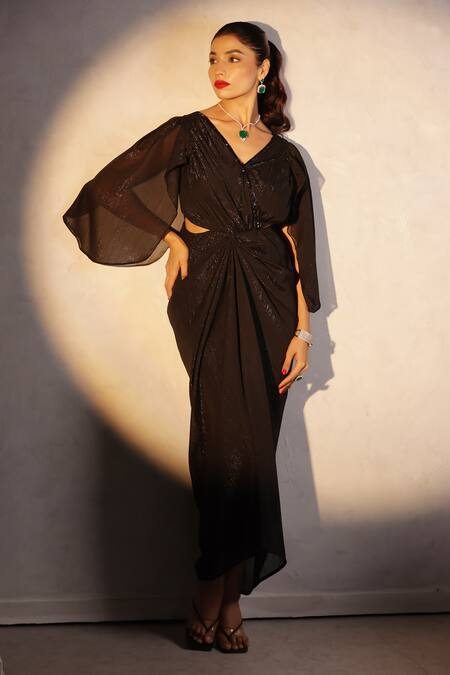 Shop_Itsish_Black Chiffon V-neck Valetta Draped Gown _at_Aza_Fashions