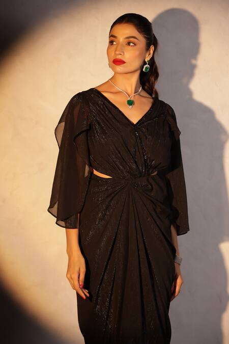 Itsish_Black Chiffon V-neck Valetta Draped Gown _Online_at_Aza_Fashions