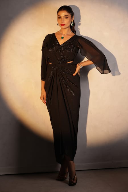 Buy_Itsish_Black Chiffon V-neck Valetta Draped Gown _Online_at_Aza_Fashions