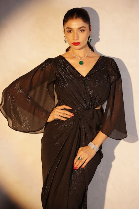 Itsish_Black Chiffon V-neck Valetta Draped Gown _at_Aza_Fashions