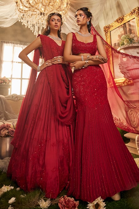 Sunita Bhandari_Red Organza, Viscose Sequins, Embroidery Asymmetric Aglow Fishcut Lehenga Set _Online_at_Aza_Fashions