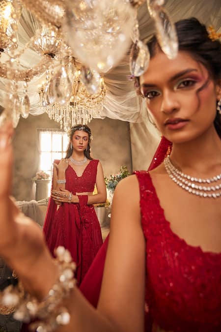 Buy_Sunita Bhandari_Red Organza, Viscose Sequins, Embroidery Asymmetric Aglow Fishcut Lehenga Set _Online_at_Aza_Fashions