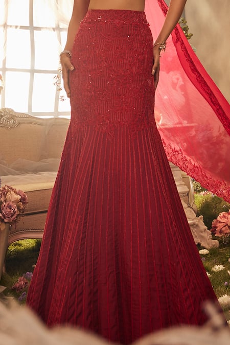 Shop_Sunita Bhandari_Red Organza, Viscose Sequins, Embroidery Asymmetric Aglow Fishcut Lehenga Set _Online_at_Aza_Fashions