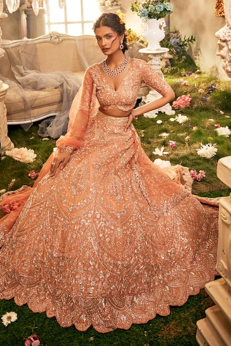 Shop Sunita Bhandari Peach Tulle, Silk Sequins, Embroidery V-neck Aranya Lehenga Set at Aza Fashions Shop_Sunita Bhandari_Peach Tulle, Silk Sequins, Embroidery V-neck Aranya Lehenga Set _at_Aza_Fashions