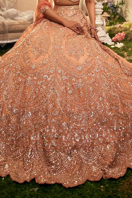 Buy Sunita Bhandari Peach Tulle, Silk Sequins, Embroidery V-neck Aranya Lehenga Set Online at Aza Fashions Buy_Sunita Bhandari_Peach Tulle, Silk Sequins, Embroidery V-neck Aranya Lehenga Set _Online_at_Aza_Fashions