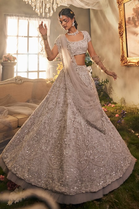 Shop Sunita Bhandari Purple Tulle Beads, Sequins, Cut Work Round Dew Drop Embroidered Lehenga Set at Aza Fashions Shop_Sunita Bhandari_Purple Tulle Beads, Sequins, Cut Work Round Dew Drop Embroidered Lehenga Set _at_Aza_Fashions