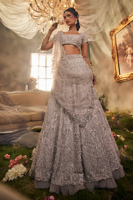 Shop Sunita Bhandari Purple Tulle Beads, Sequins, Cut Work Round Dew Drop Embroidered Lehenga Set Online at Aza Fashions Shop_Sunita Bhandari_Purple Tulle Beads, Sequins, Cut Work Round Dew Drop Embroidered Lehenga Set _Online_at_Aza_Fashions