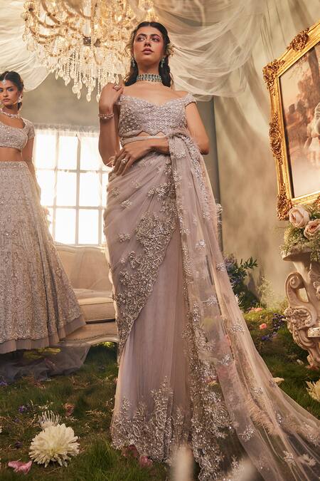 Shop_Sunita Bhandari_Purple Tulle Embroidery Sweetheart Neck Dreamweaver Saree With Blouse _at_Aza_Fashions