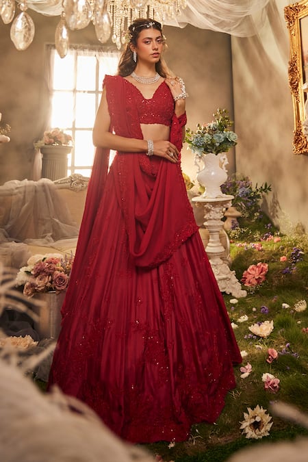 Sunita Bhandari Red Viscose Organza Embroidered Thread V Neck Elysium Floral Lehenga Set 