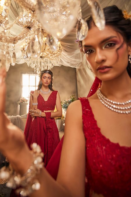 Buy Sunita Bhandari Red Viscose, Organza Sequins, Embroidery V-neck Elysium Floral Lehenga Set Online at Aza Fashions Buy_Sunita Bhandari_Red Viscose, Organza Sequins, Embroidery V-neck Elysium Floral Lehenga Set _Online_at_Aza_Fashions