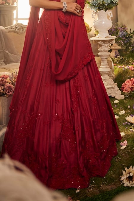 Shop Sunita Bhandari Red Viscose, Organza Sequins, Embroidery V-neck Elysium Floral Lehenga Set Online at Aza Fashions Shop_Sunita Bhandari_Red Viscose, Organza Sequins, Embroidery V-neck Elysium Floral Lehenga Set _Online_at_Aza_Fashions