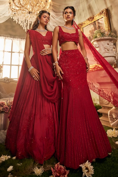 Sunita Bhandari Red Viscose, Organza Sequins, Embroidery V-neck Elysium Floral Lehenga Set at Aza Fashions Sunita Bhandari_Red Viscose, Organza Sequins, Embroidery V-neck Elysium Floral Lehenga Set _at_Aza_Fashions