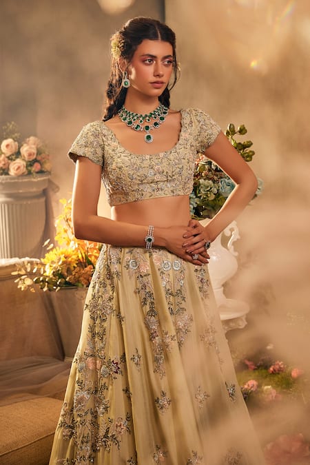 Shop Sunita Bhandari Green Tulle, Silk Embroidery, Beads Round Enchanted Garden Floral Lehenga Set at Aza Fashions Shop_Sunita Bhandari_Green Tulle, Silk Embroidery, Beads Round Enchanted Garden Floral Lehenga Set _at_Aza_Fashions